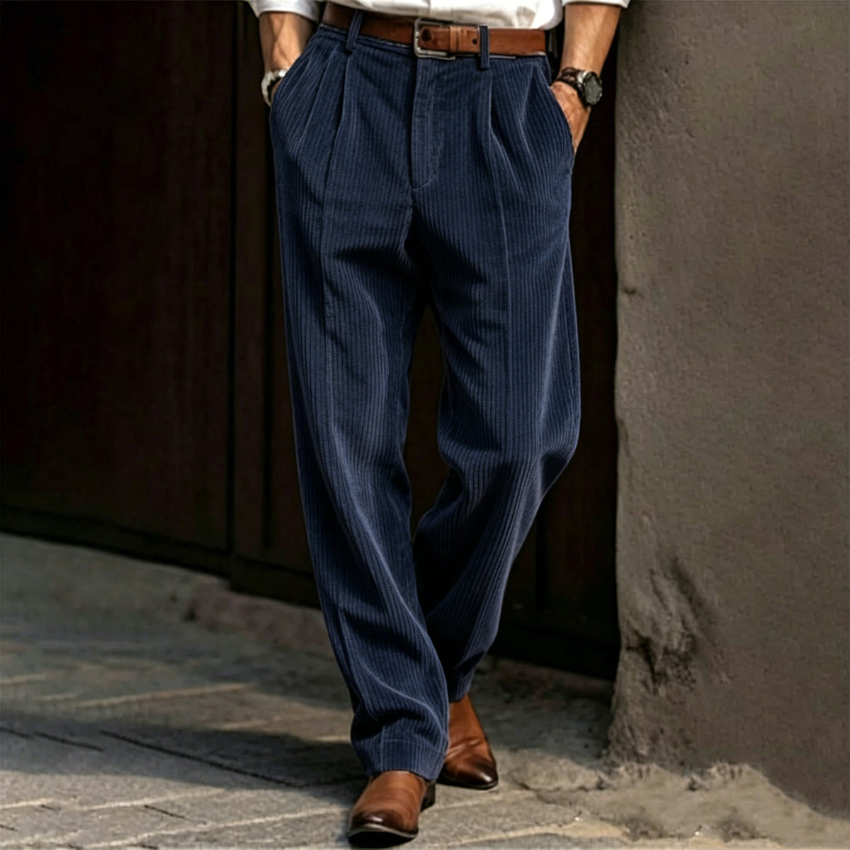 Men High Waist Striped Corduroy Loose Pants