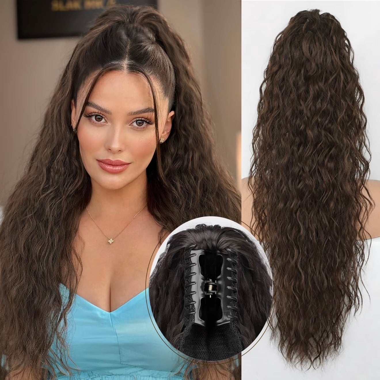 Extension de Cheveux Bouclés Ondulés et Volumineux avec Queue de Cheval