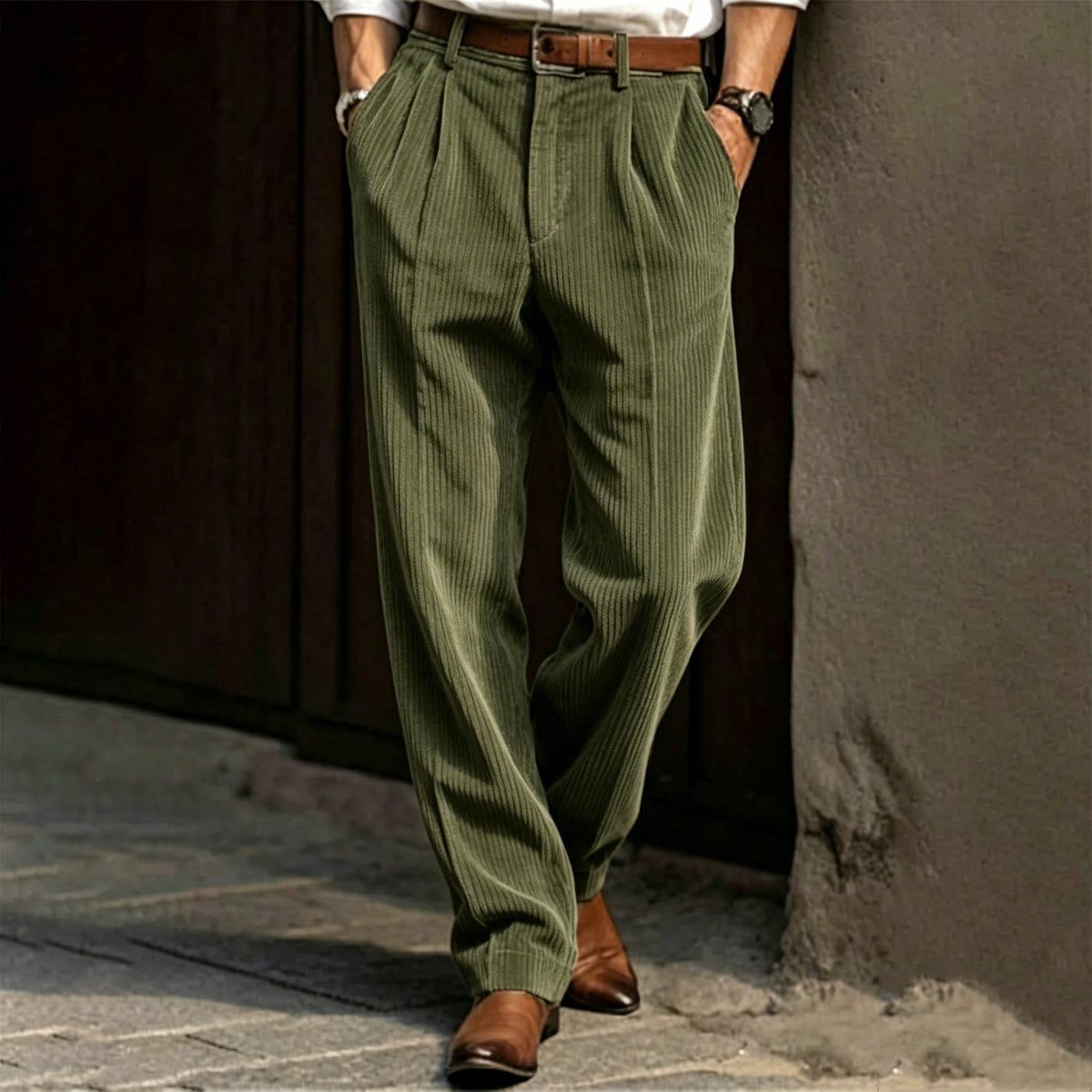 Men High Waist Striped Corduroy Loose Pants